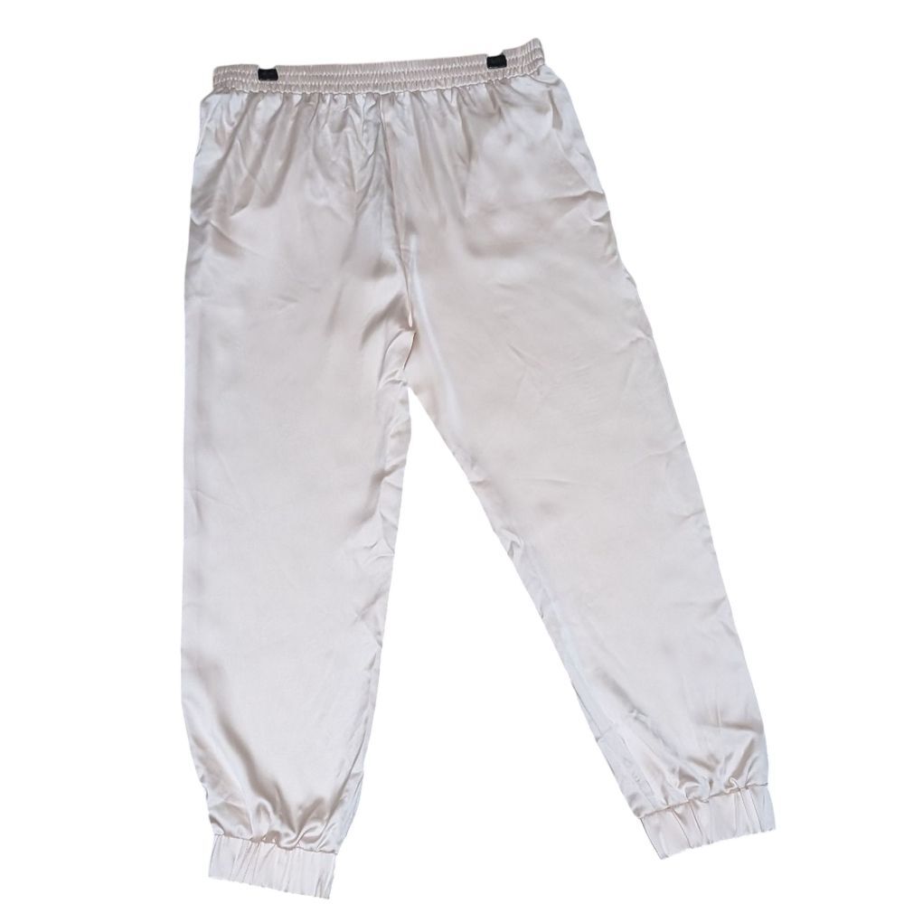 NWT Sincerely Jules satin joggers ivory pull on elastic waist size Large FLAW